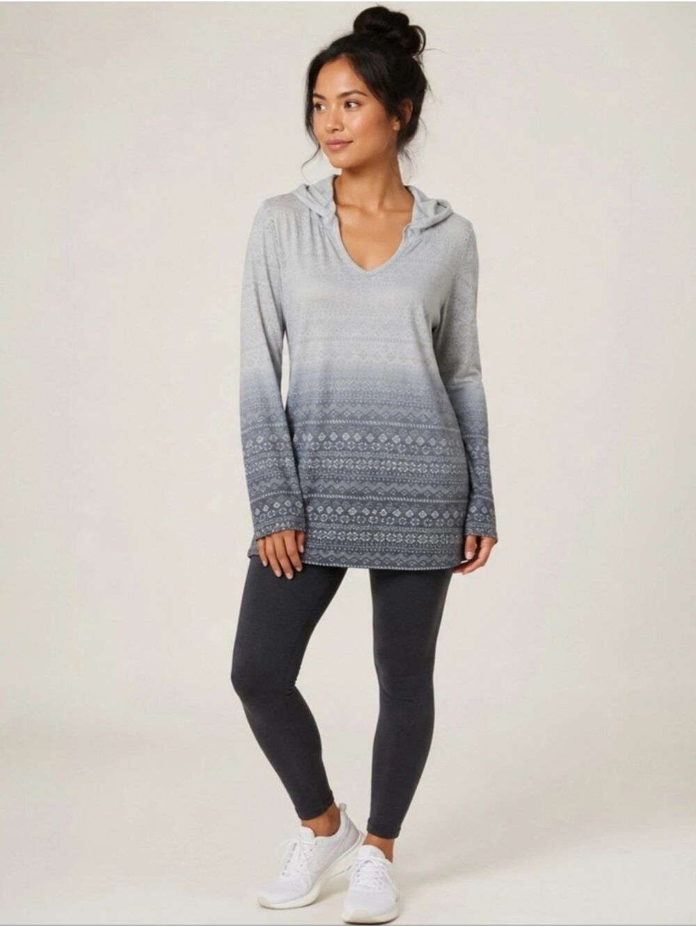 Earth Yoga Organic Cotton Hooded Tunic Top – Gray Ombre Geo Print – Size XL